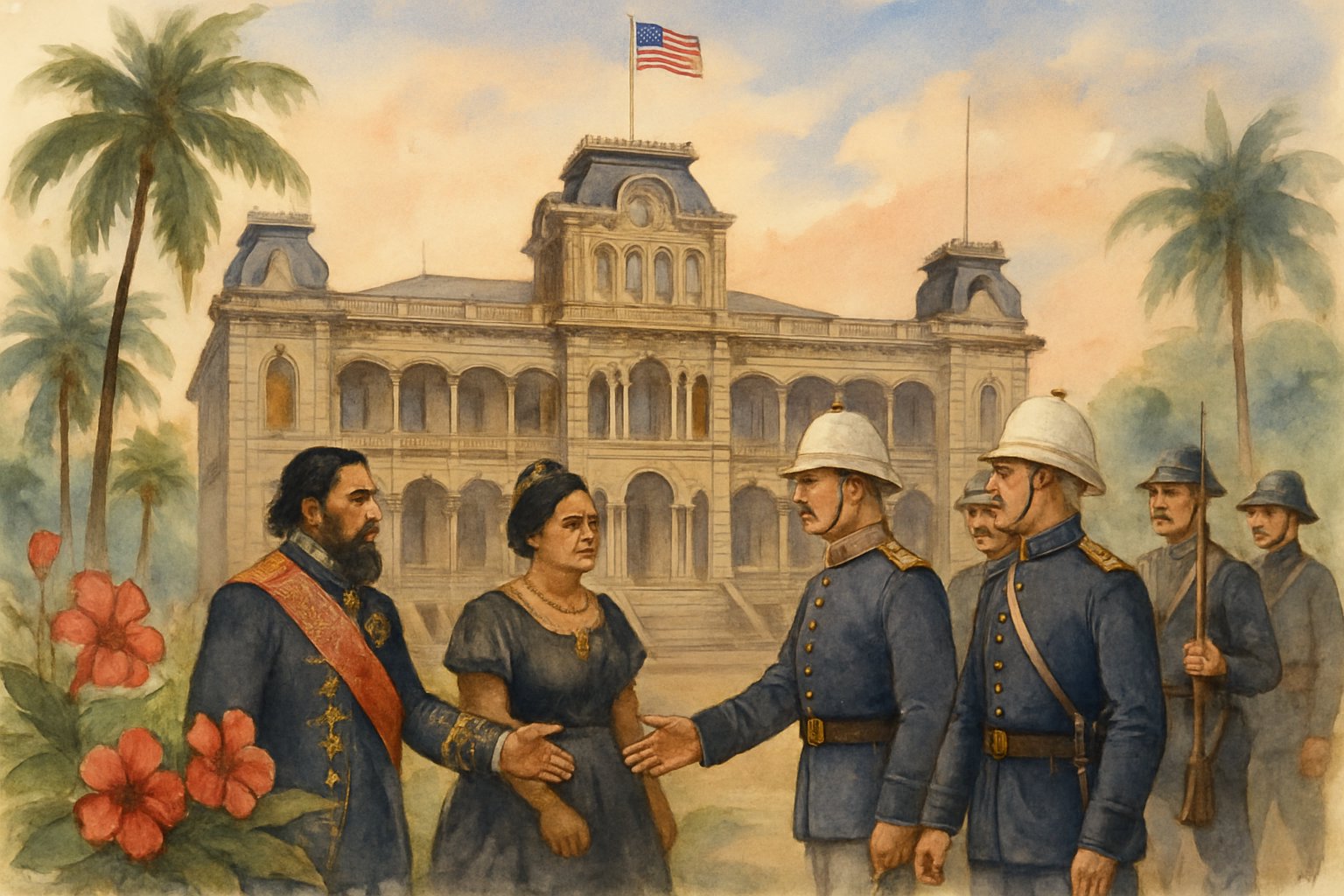 Iolani Palace in Honolulu with people dressed in 19th-century Hawaiian royal and Western military clothing gathered outside, surrounded by tropical trees and flowers.