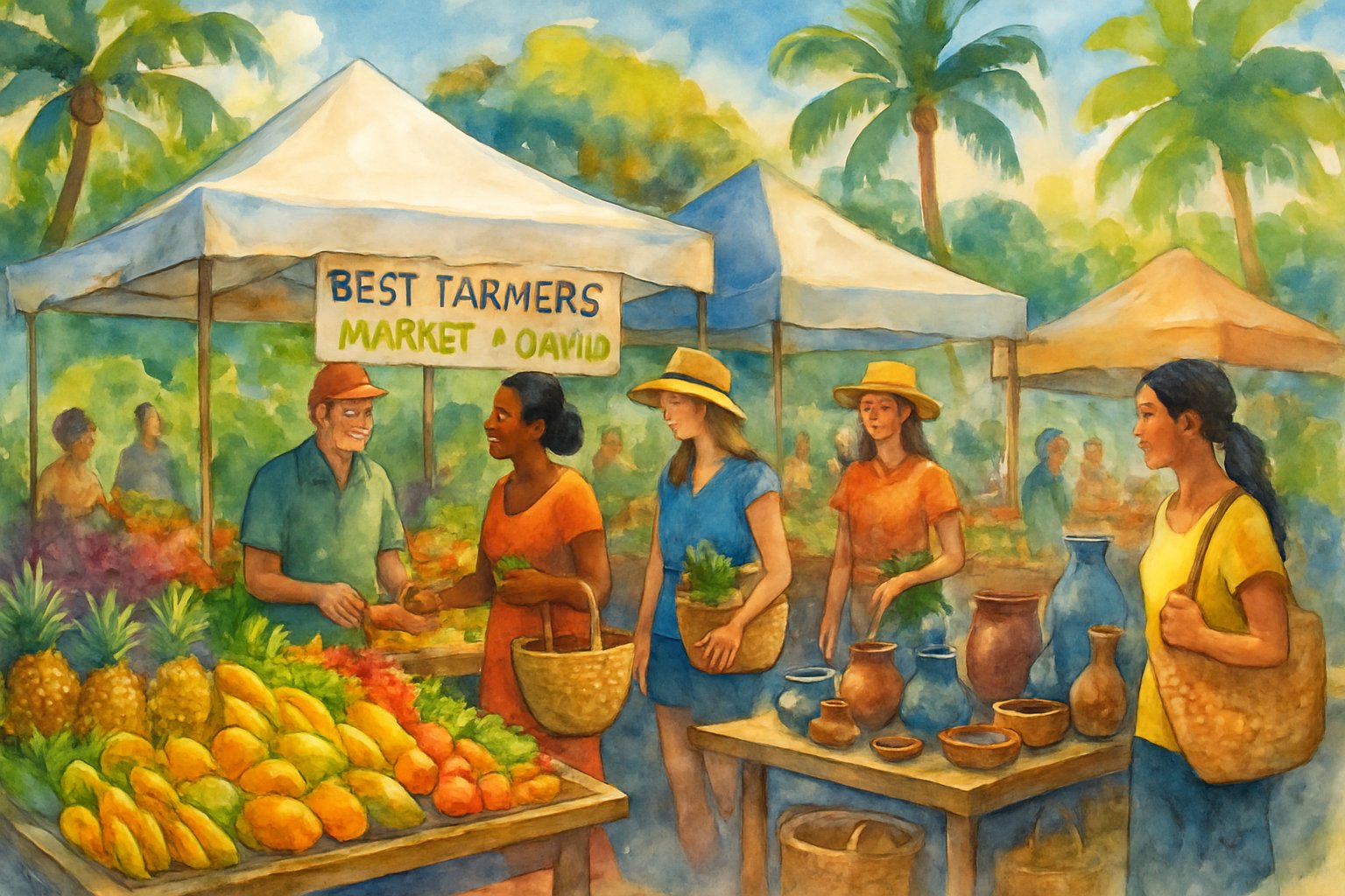 A busy outdoor farmers’ market in Oahu with people shopping among stalls filled with tropical fruits, vegetables, flowers, and handmade goods under palm trees.
