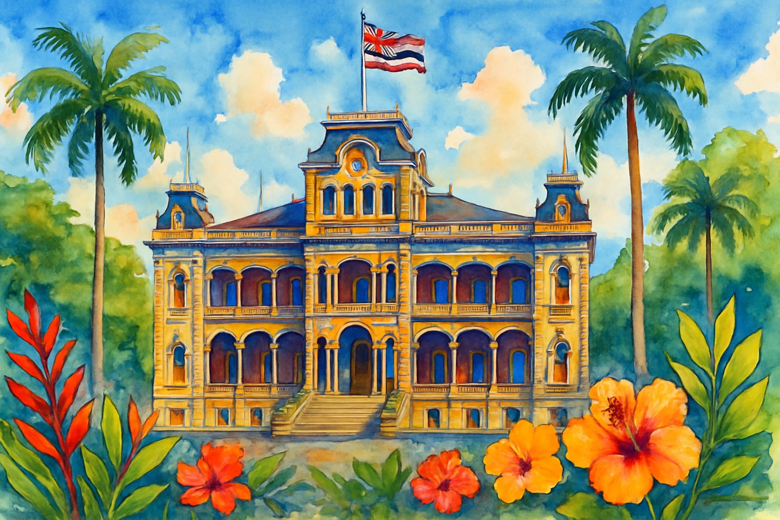 A grand historic palace surrounded by tropical plants and palm trees under a blue sky.