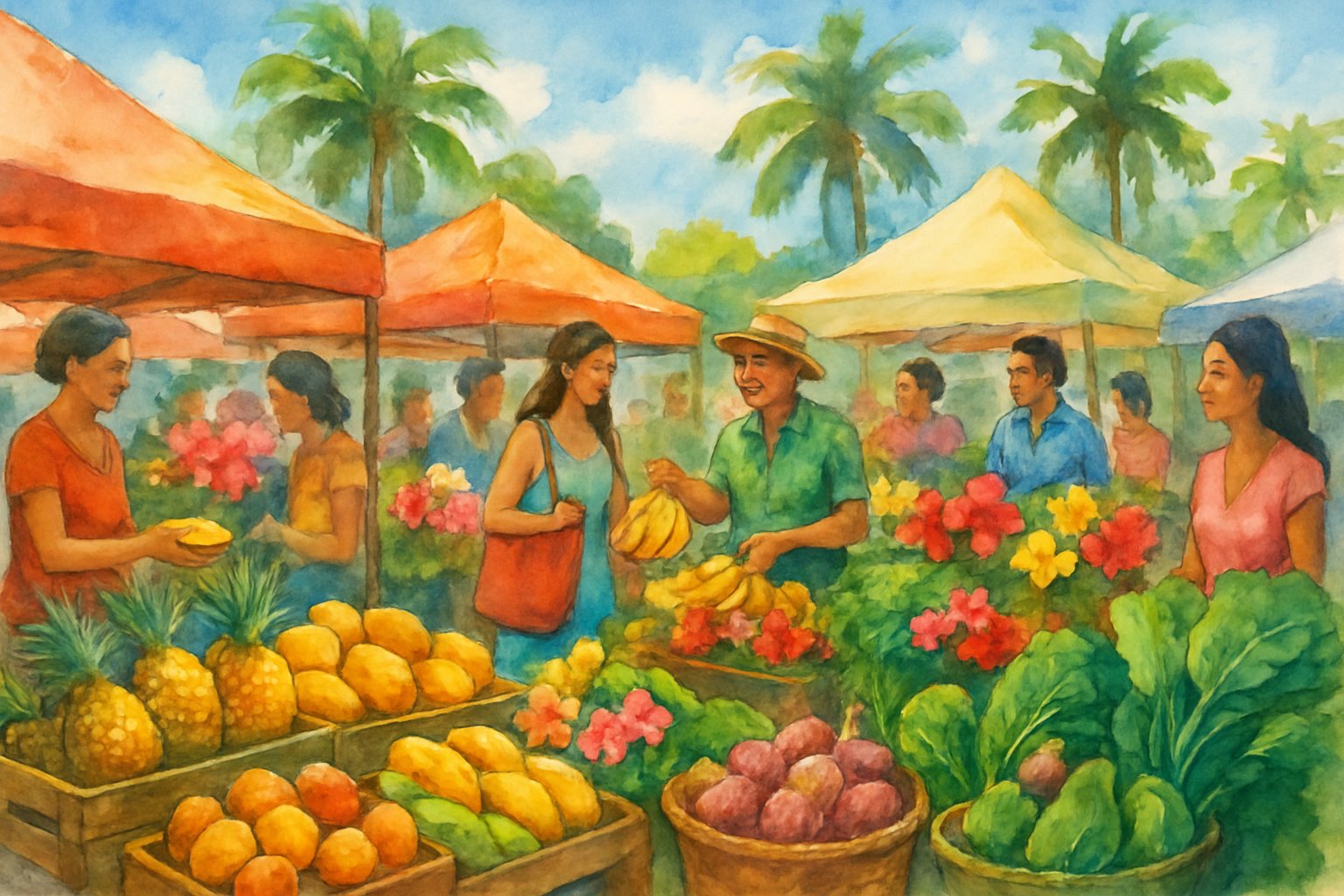 A busy outdoor market with stalls of tropical fruits, vegetables, and flowers, surrounded by palm trees and people shopping on a sunny day.