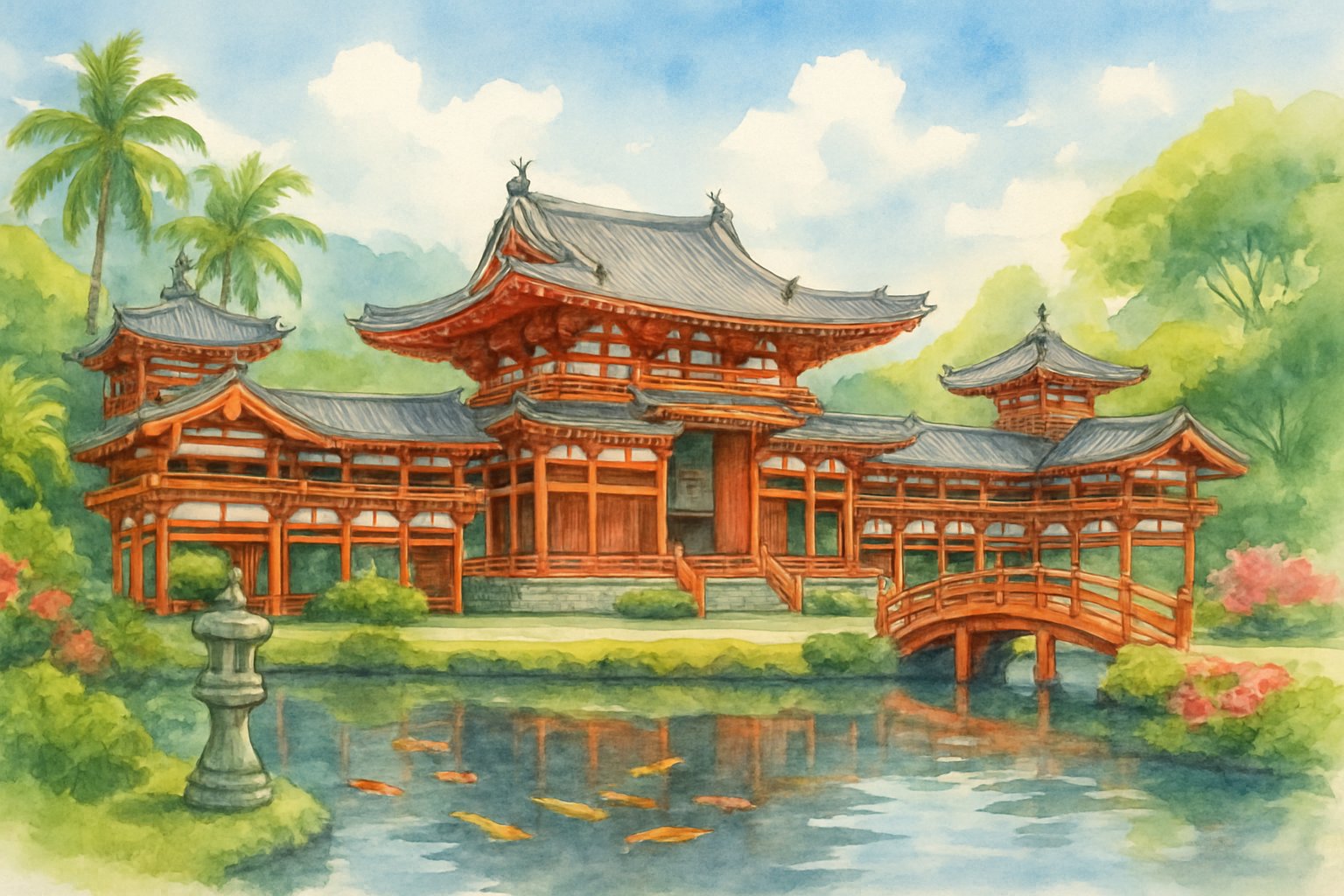 Byodo-In Temple surrounded by tropical trees and a koi pond with a red wooden bridge and stone lanterns.