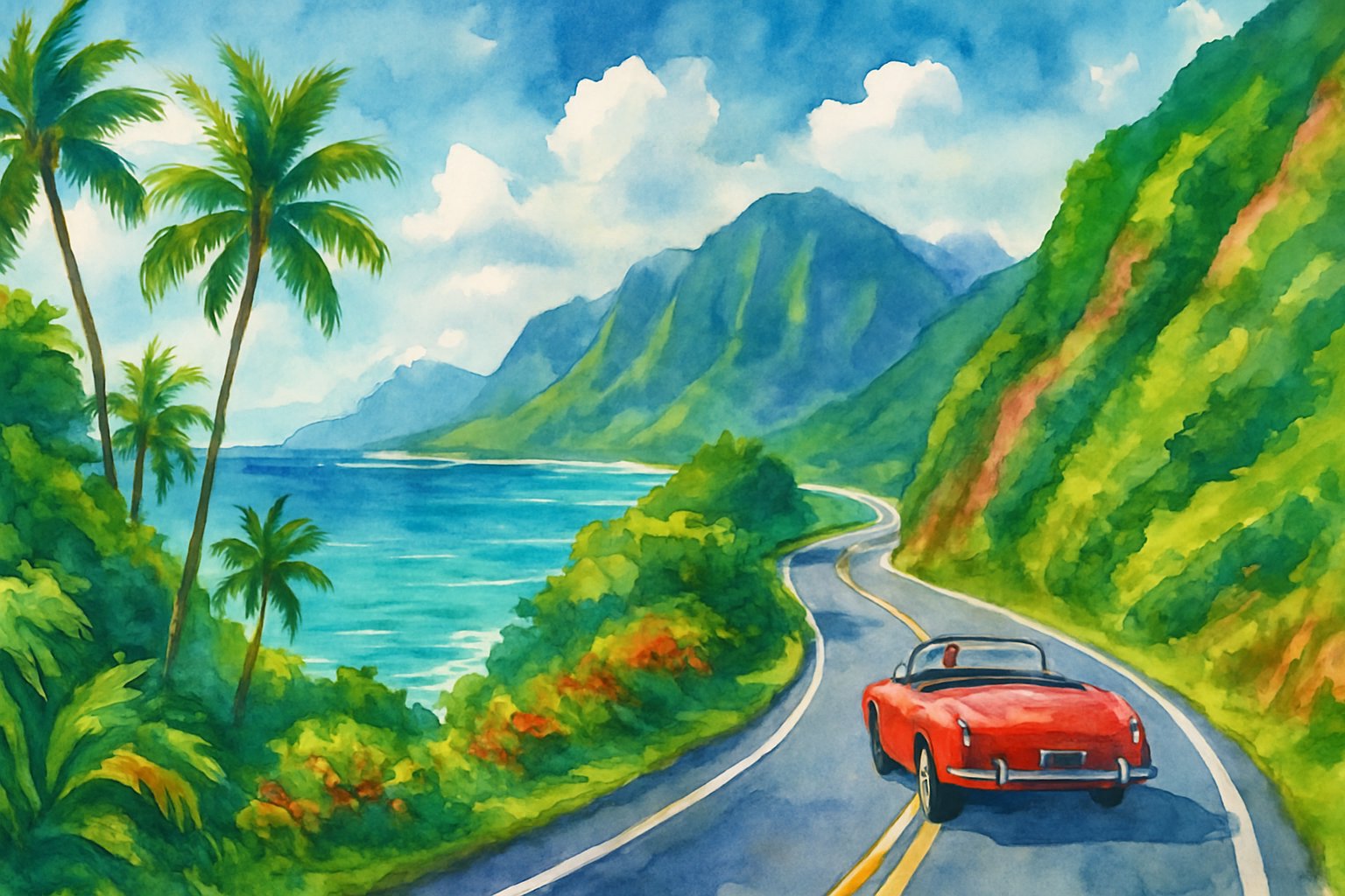 A coastal road winding along green cliffs with palm trees, ocean waves, and mountains in the background.