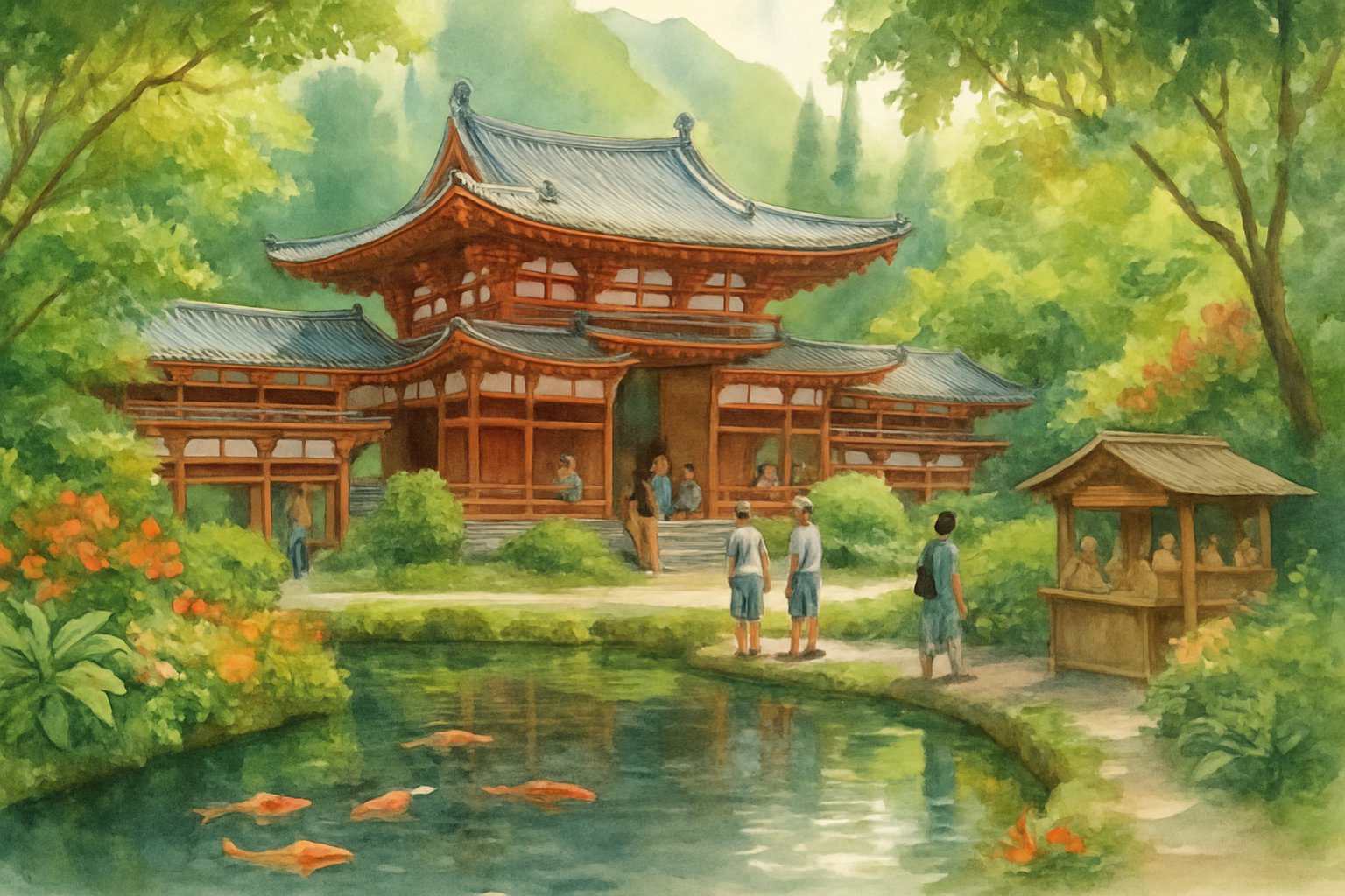 Visitors exploring the Byodo-In Temple in Oahu surrounded by lush greenery and a koi pond.