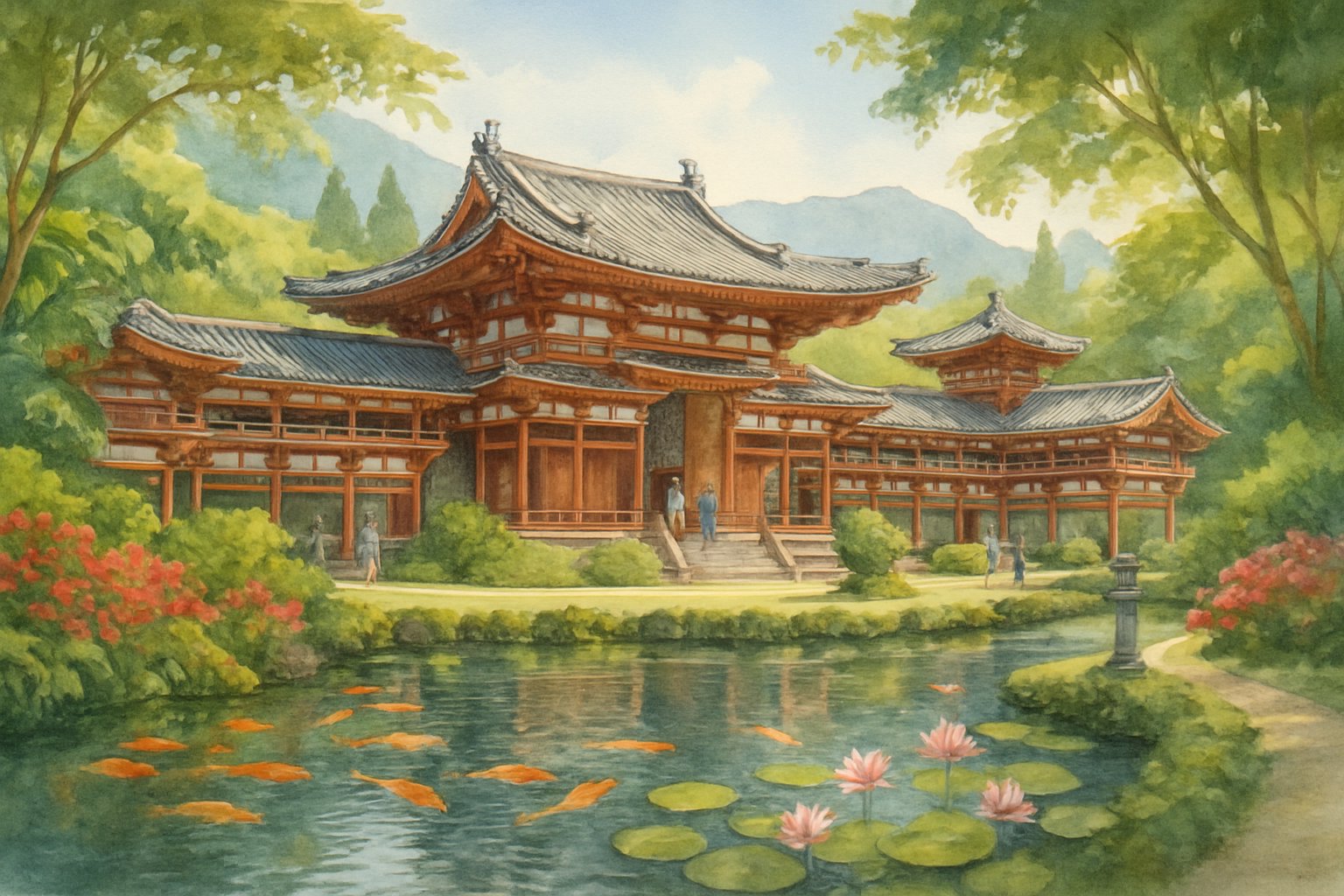 A peaceful scene of the Byodo-In Temple in Oahu surrounded by tropical plants, a koi pond, and visitors walking quietly near the temple.