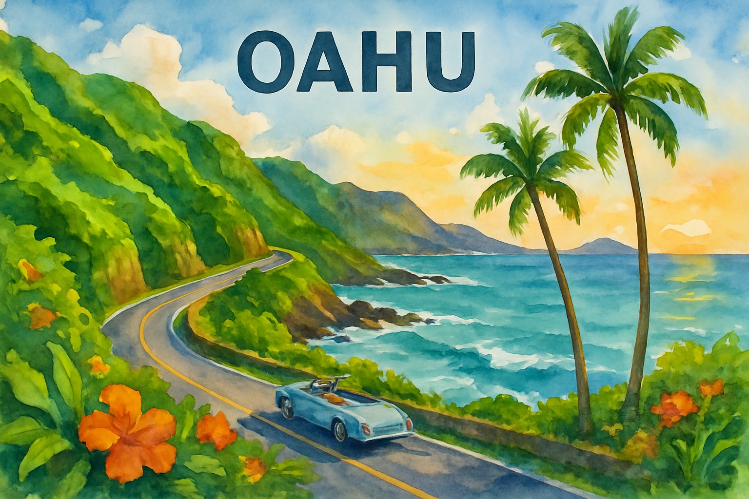 A coastal road winding along green cliffs with palm trees, ocean waves, and mountains in the distance under a blue sky.