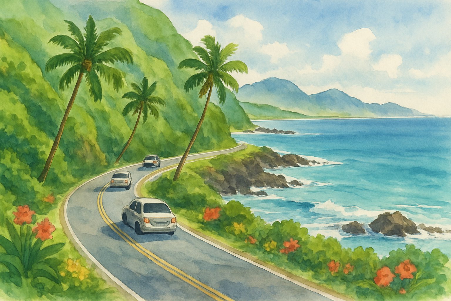 A coastal road on Oahu winding through green cliffs with palm trees and tropical flowers, overlooking the ocean and distant mountains.