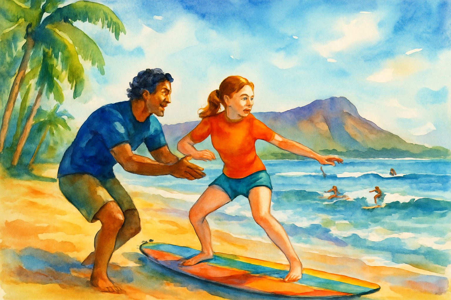 A surf instructor teaching a beginner on a sandy beach with palm trees, gentle waves, and distant mountains in the background.