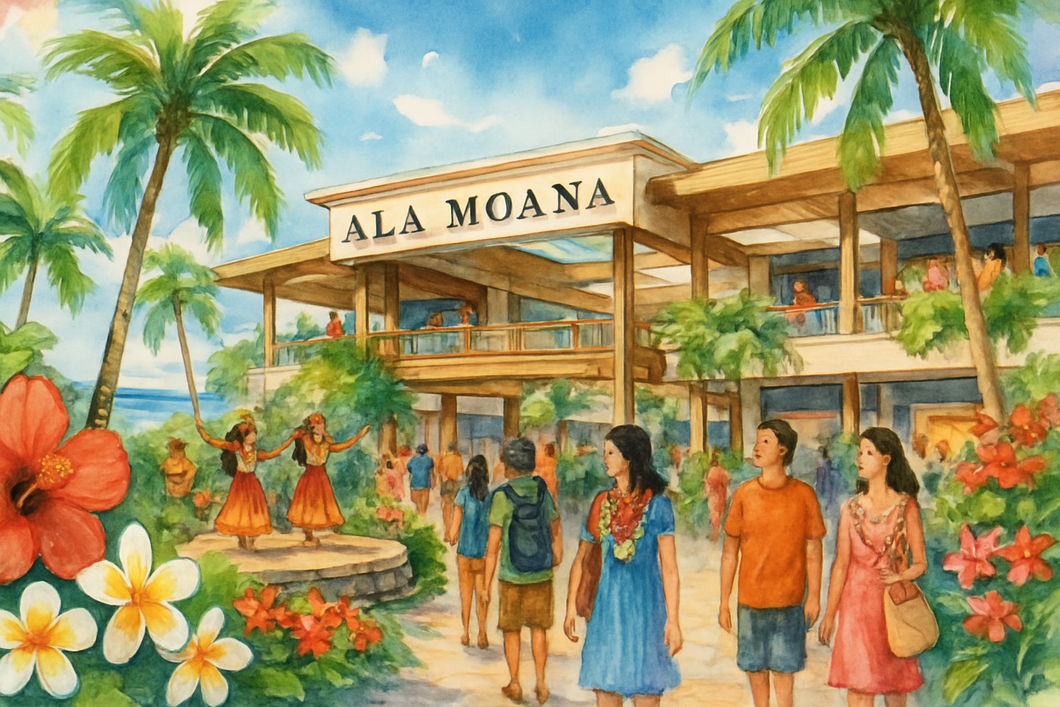 A bustling outdoor shopping center surrounded by palm trees and tropical flowers, with people enjoying the area near the ocean.