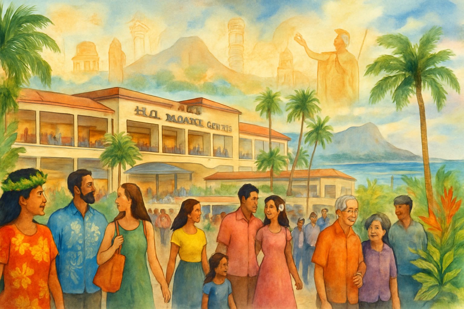 A colorful scene showing a busy shopping center near the ocean with people of different backgrounds, surrounded by tropical plants and palm trees, with historic Hawaiian landmarks in the distance.