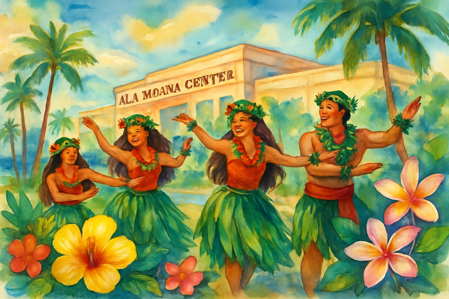 People in traditional Hawaiian clothing dancing near tropical plants with a modern building and ocean in the background.