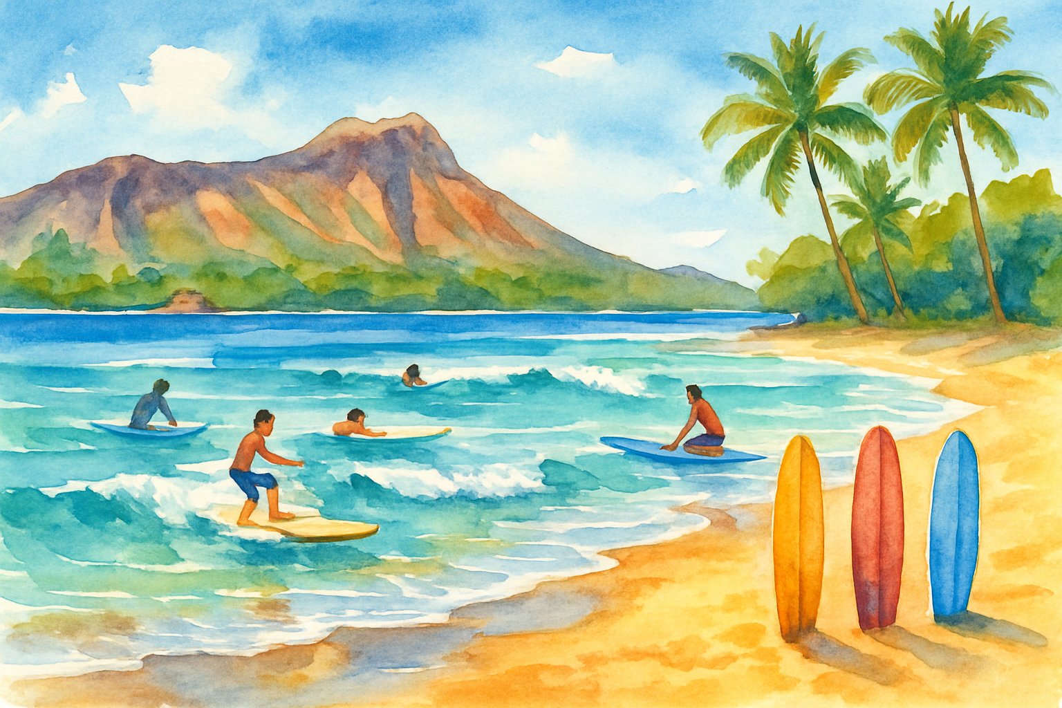 A beach in Oahu with surfers learning to surf in the waves, palm trees along the shore, and colorful surfboards resting on the sand.