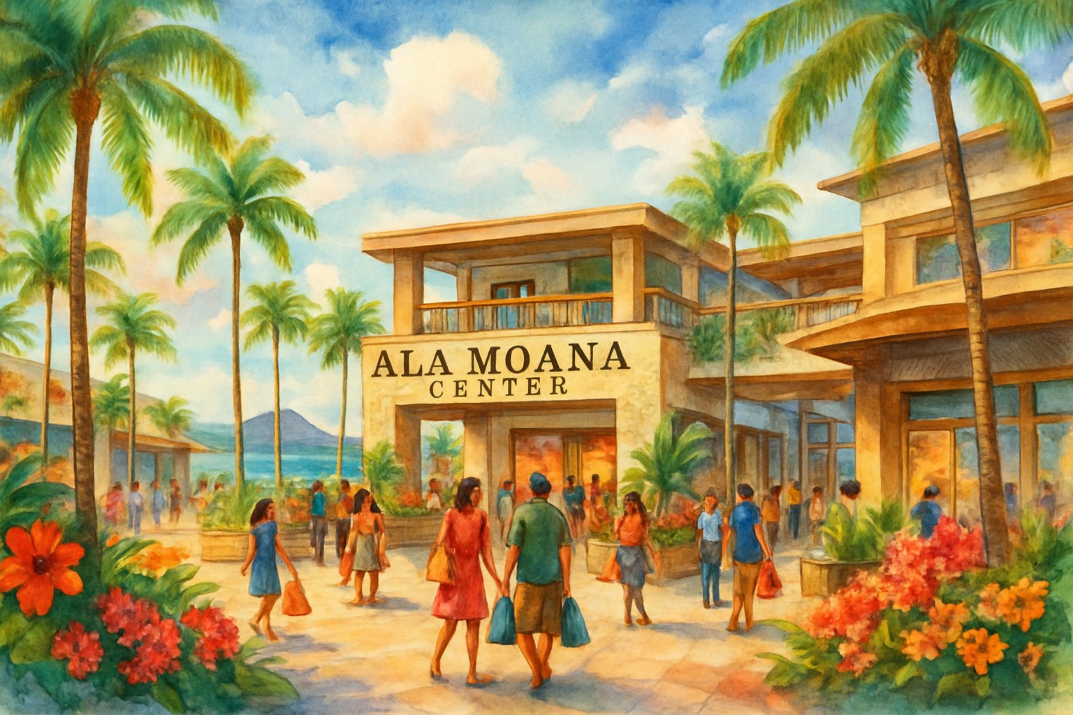 A busy outdoor shopping plaza surrounded by palm trees, tropical flowers, ocean waves, and distant mountains with people enjoying the area.