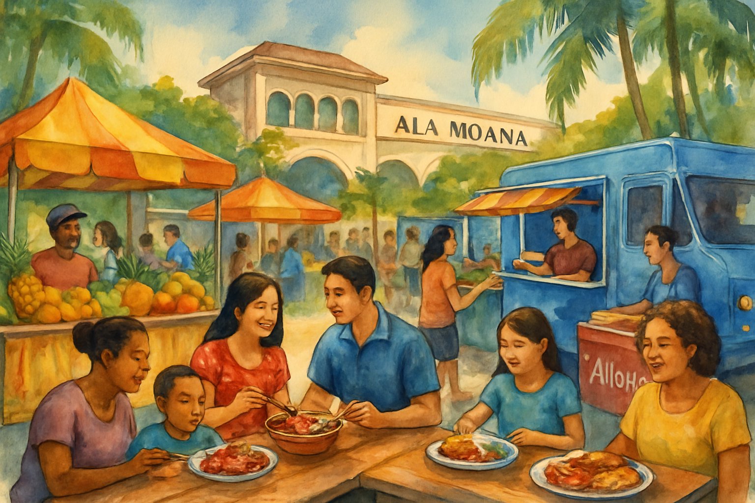 People from different backgrounds enjoying food and dining outdoors at a bustling market with tropical plants and distinctive buildings in the background.