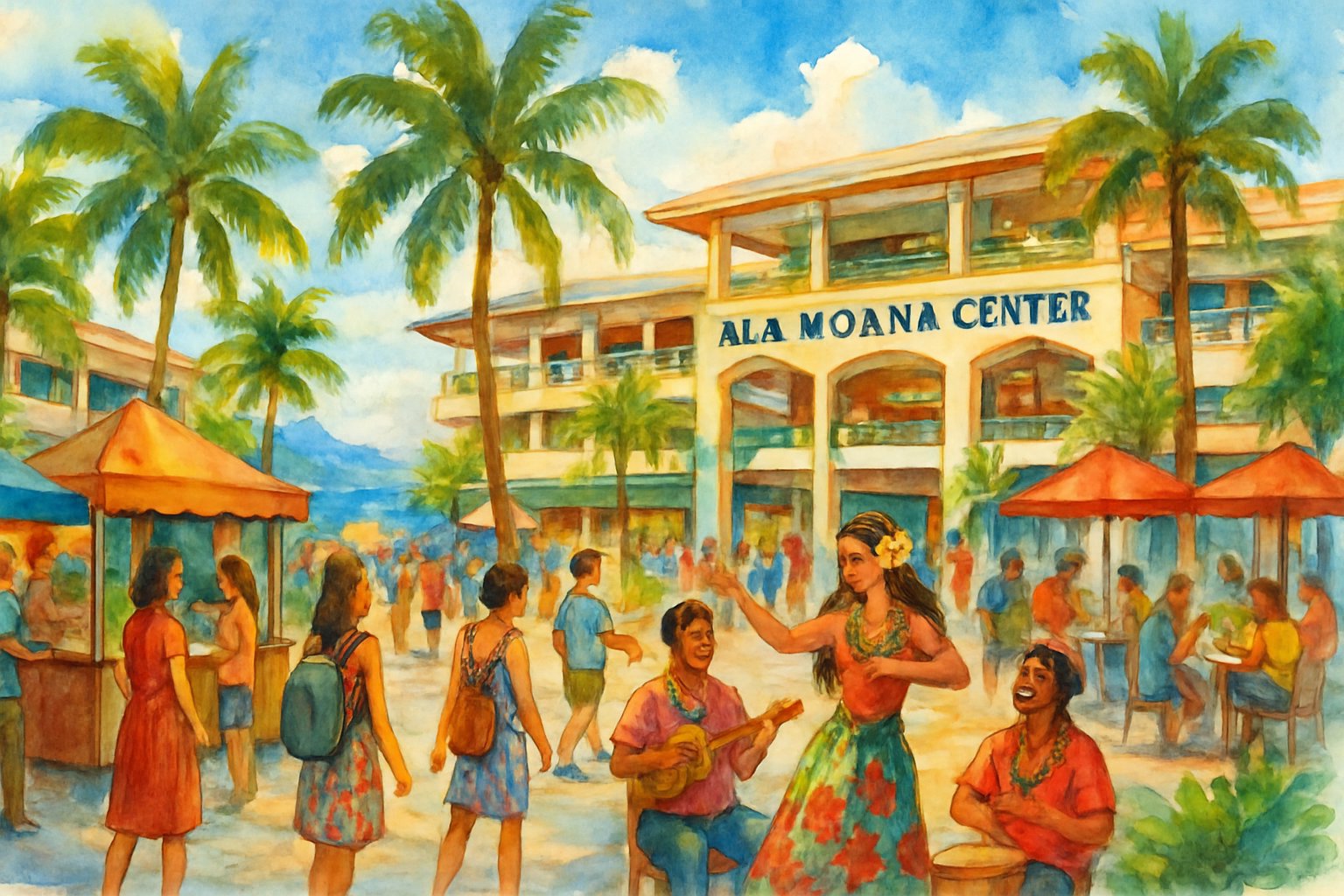 A busy outdoor shopping center near the ocean with people walking, shopping, and enjoying cultural activities under palm trees and blue skies.