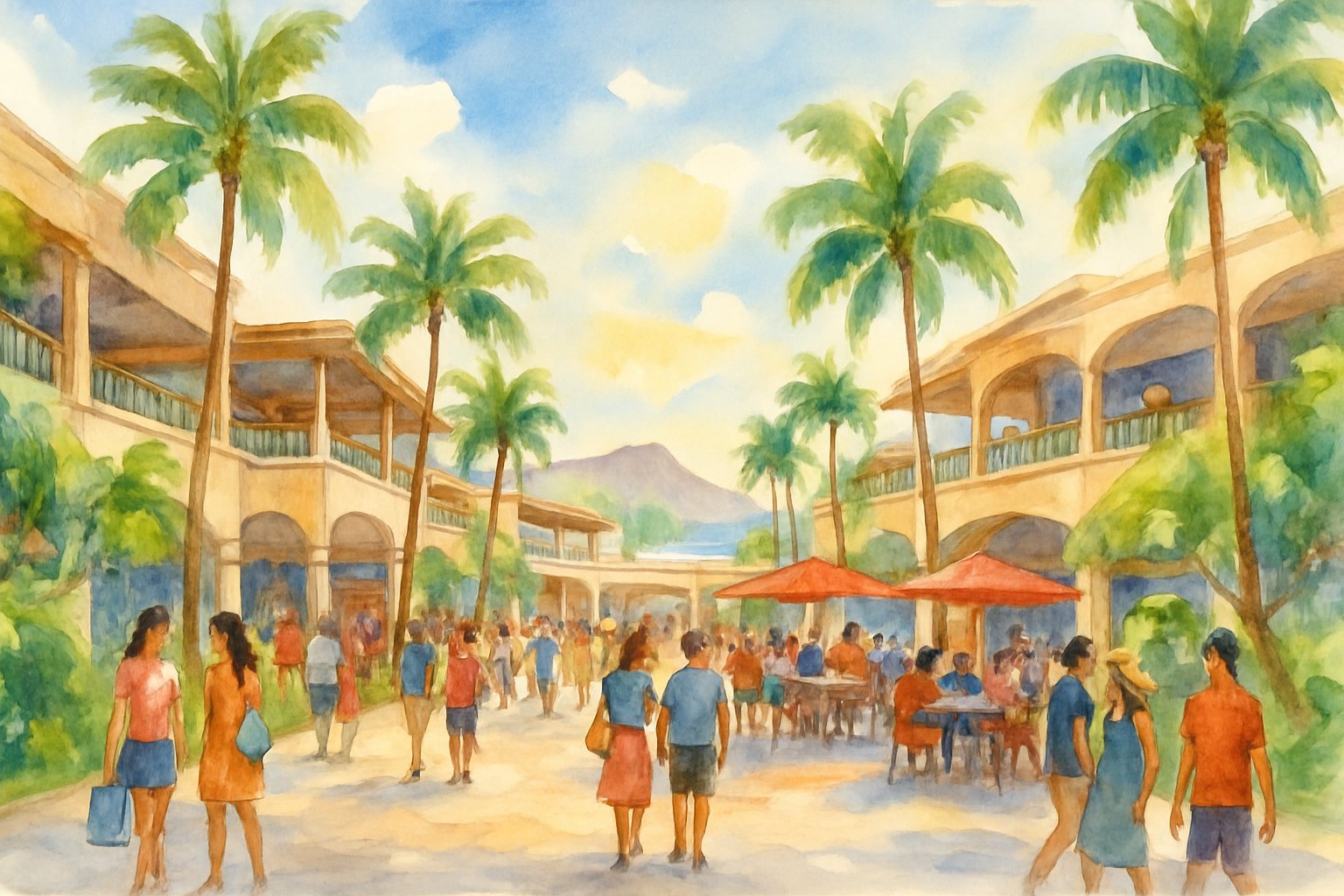 A busy outdoor shopping center with palm trees, people walking and socializing, ocean and mountains in the background.
