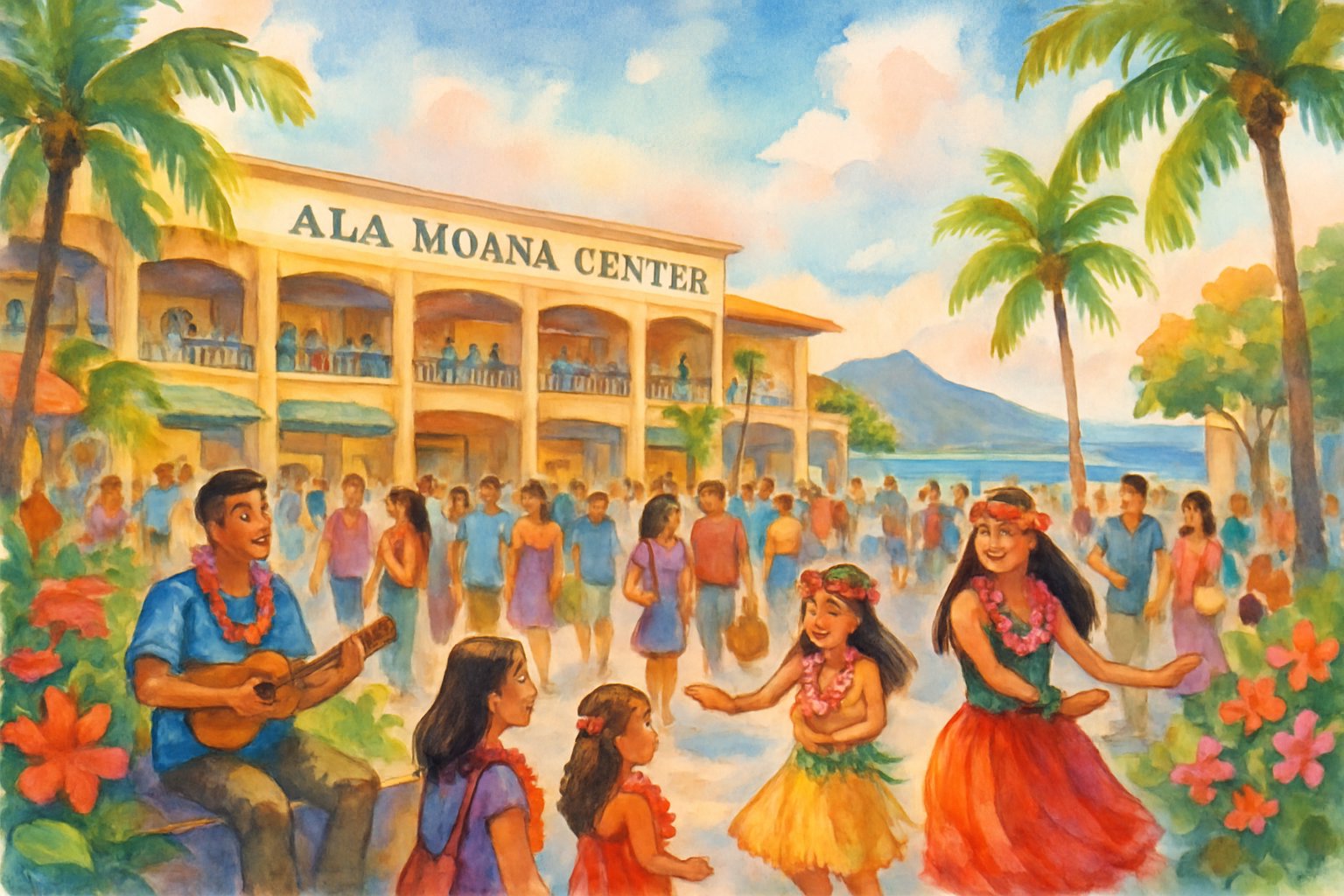 A lively outdoor scene showing people gathering around a shopping center surrounded by palm trees, tropical flowers, and distant mountains by the ocean.