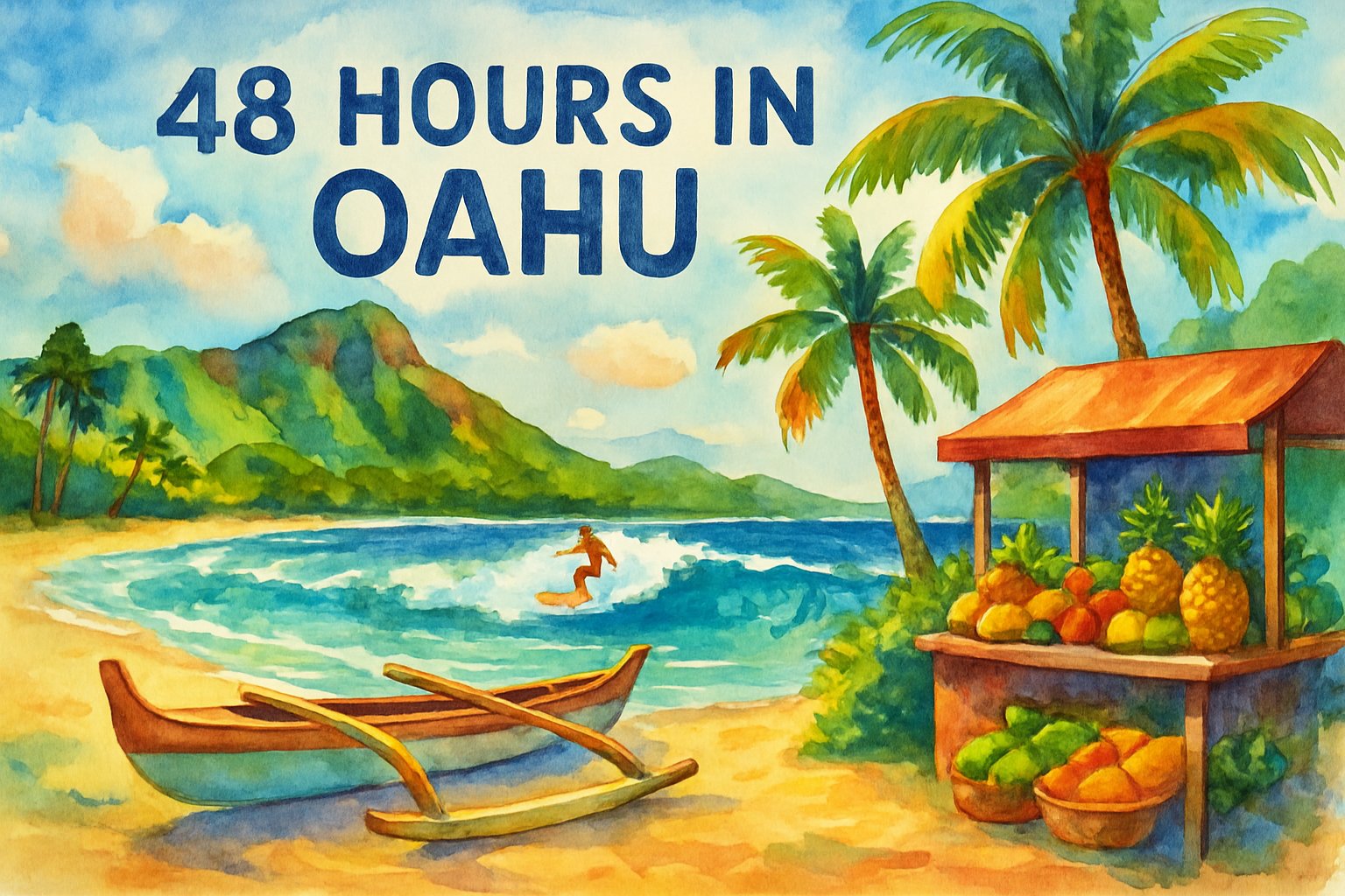 A beach scene with palm trees, turquoise waves, mountains in the background, a canoe on the sand, and a market stall with tropical fruits.