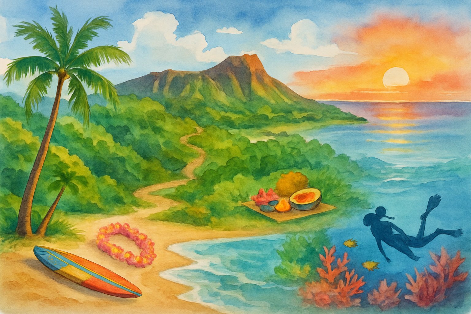 A beach scene with palm trees, waves, hills, and a sunset over the ocean, showing people enjoying outdoor activities and tropical nature.