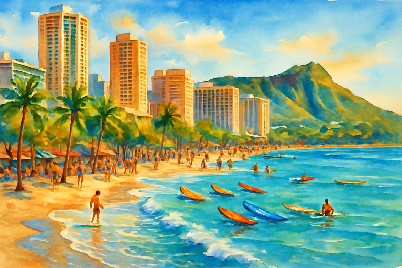 A morning beach scene showing Waikiki Beach with palm trees, people on the sand and in the water, and the Honolulu city skyline with Diamond Head crater in the background.