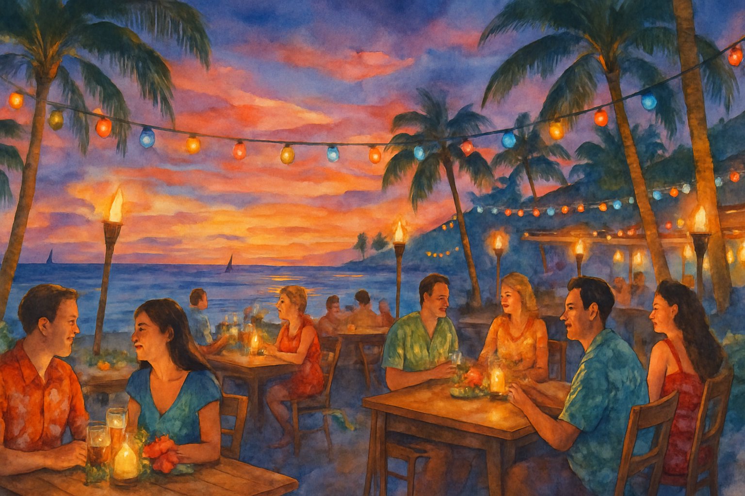 People dining outdoors near the ocean at sunset with palm trees and soft glowing lights.