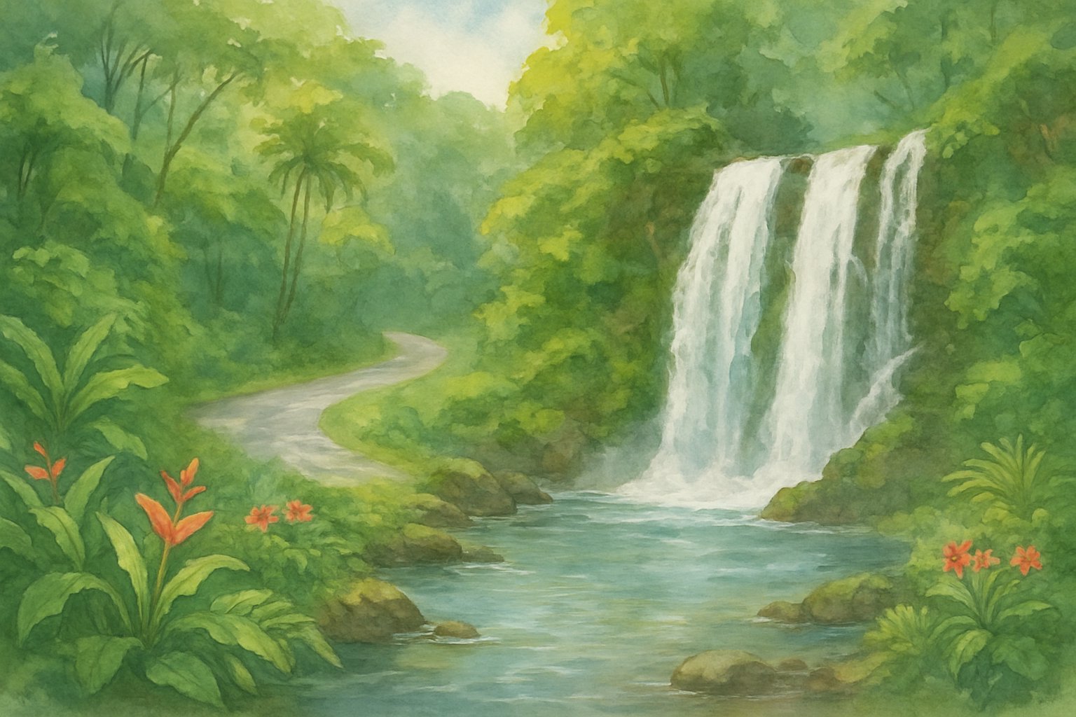 A waterfall flowing into a calm river surrounded by dense tropical trees and plants, with a winding road visible in the background.
