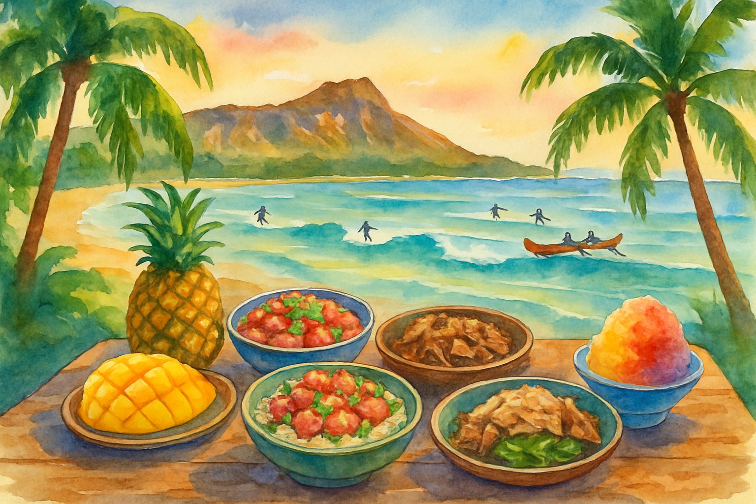 A coastal scene with a table of Hawaiian food by the beach, palm trees, ocean waves, and surfers in the background.