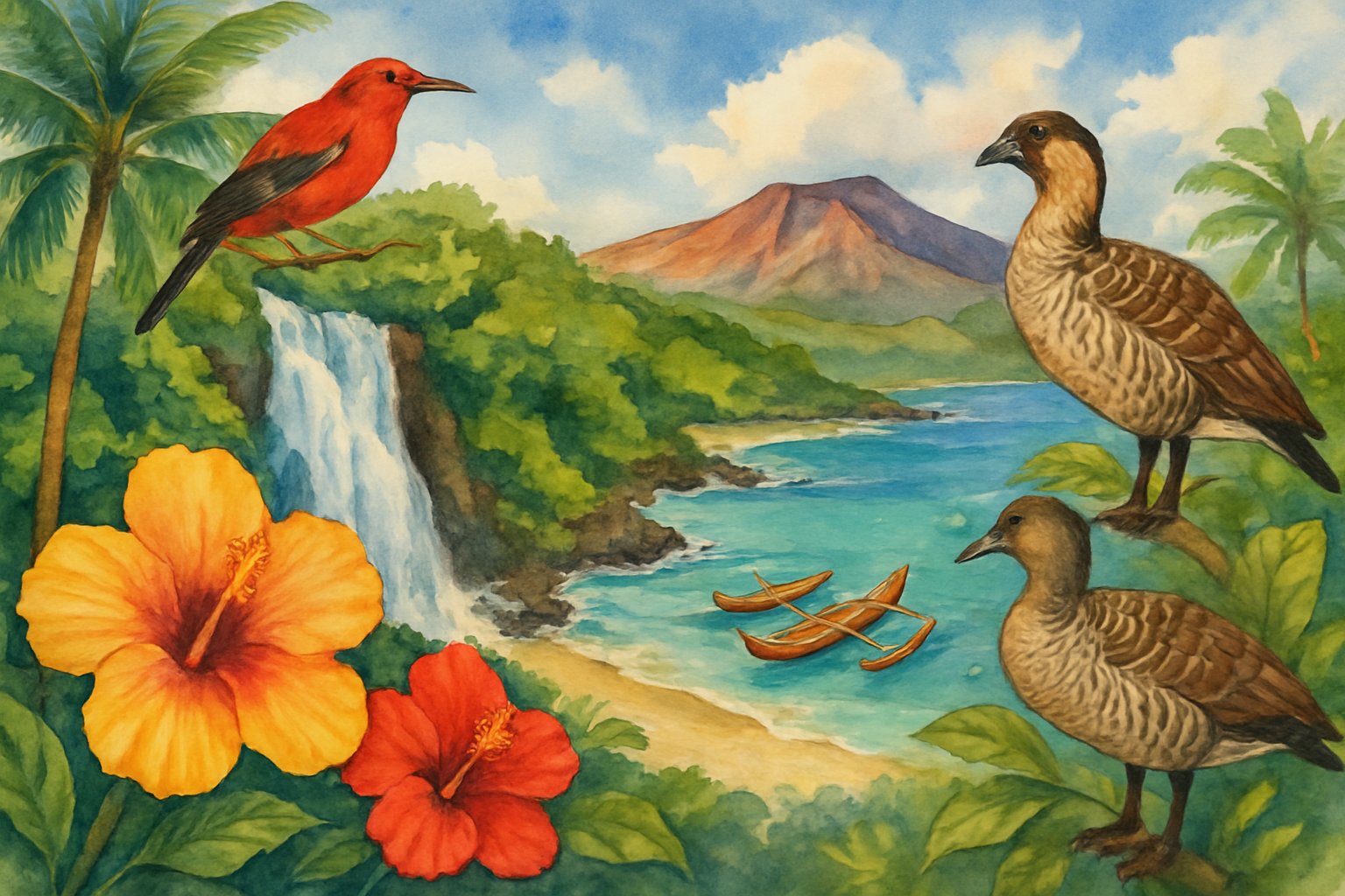A tropical landscape featuring a waterfall, palm trees, a sandy beach with canoes, volcanic crater in the background, and native Hawaiian birds.