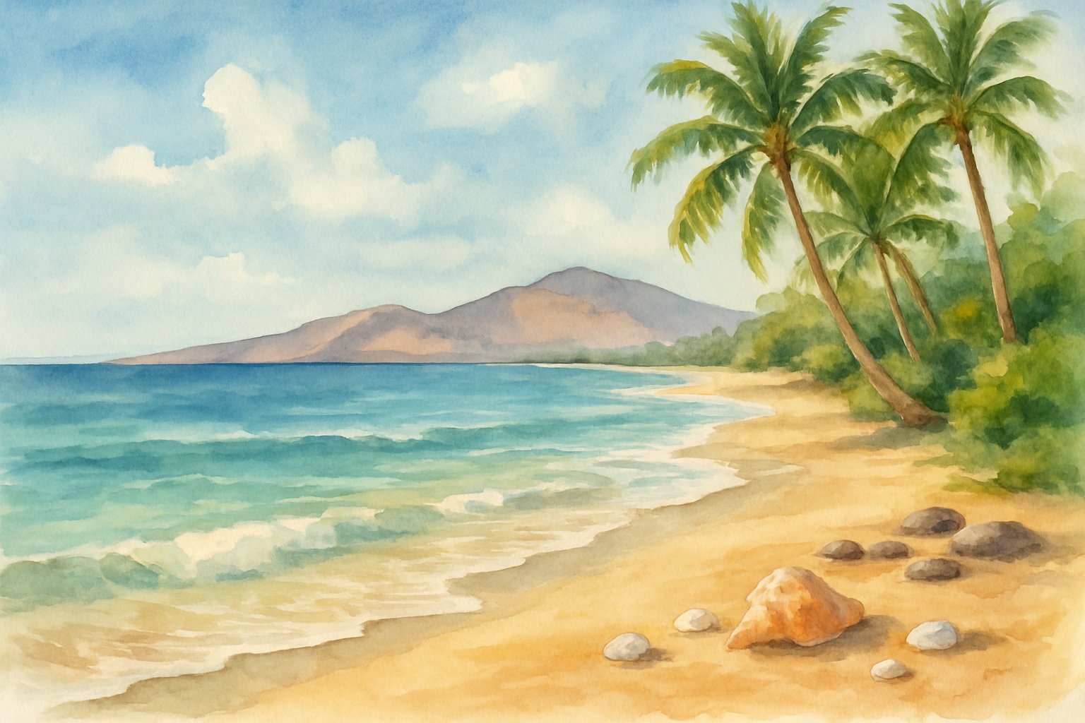 A peaceful beach with golden sand, clear turquoise water, palm trees, and distant hills under a sunny sky.