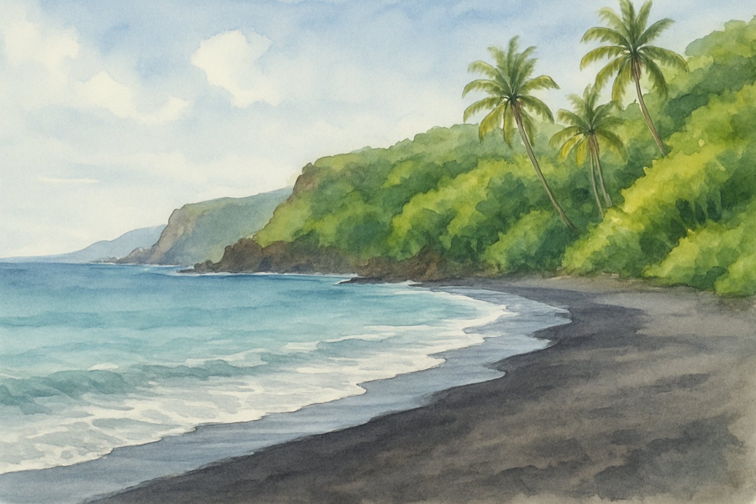 A calm black sand beach with turquoise water, green palm trees, and distant volcanic cliffs under a blue sky.