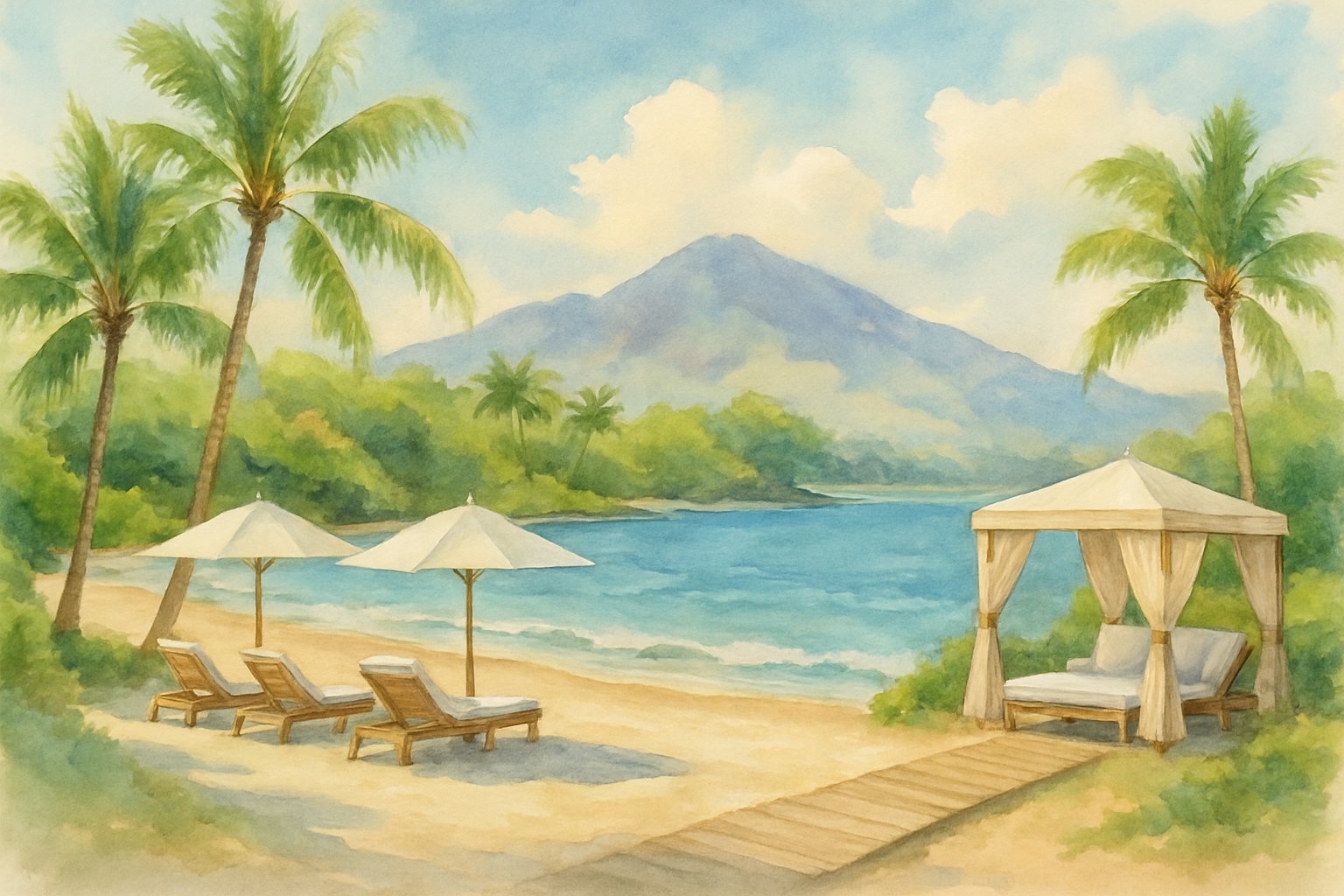 A peaceful Maui beach with golden sand, palm trees, lounge chairs, and a calm turquoise ocean under a clear sky.