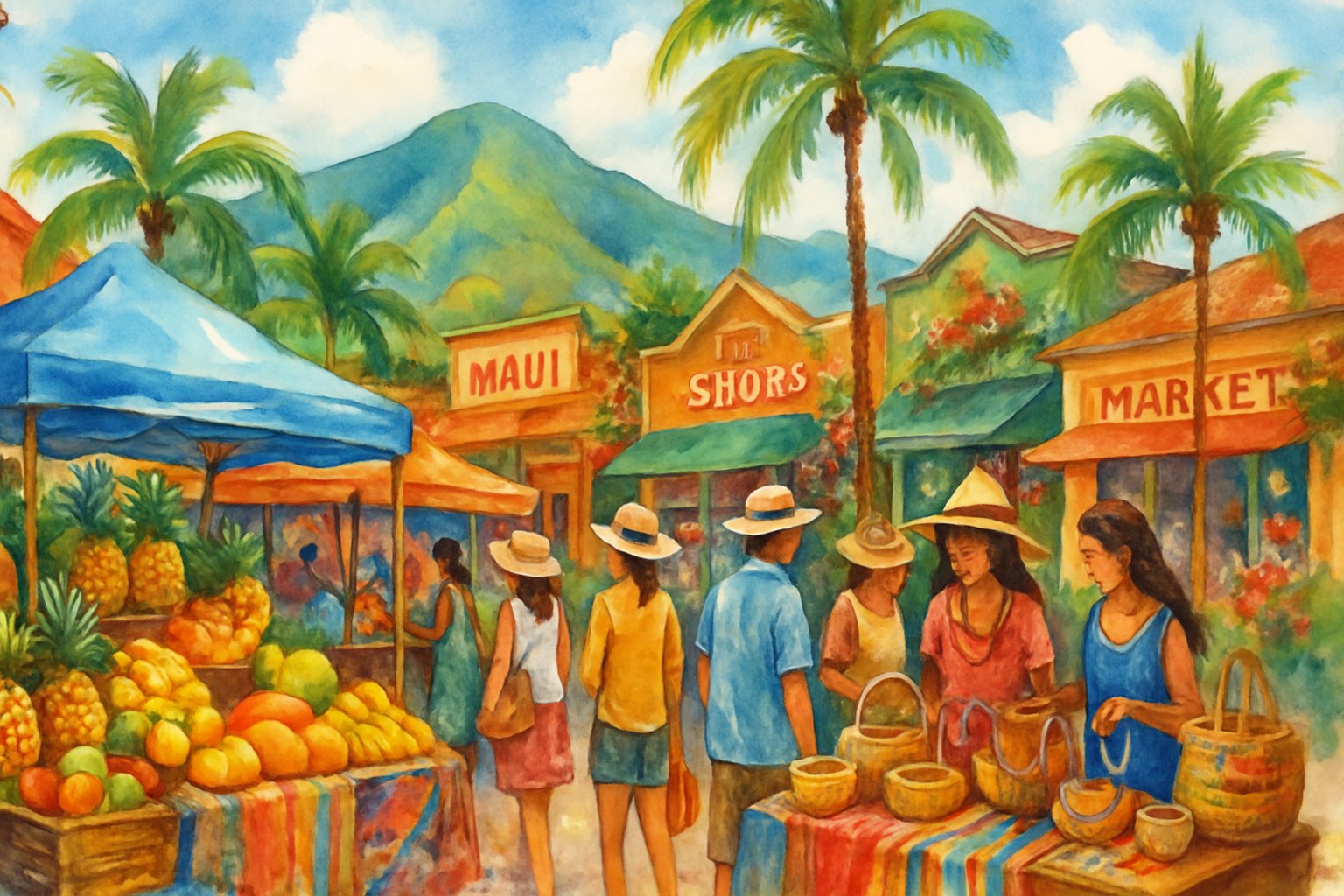 A lively outdoor market scene with colorful stalls selling tropical fruits and handmade crafts, shoppers browsing, palm trees, and mountains in the background.