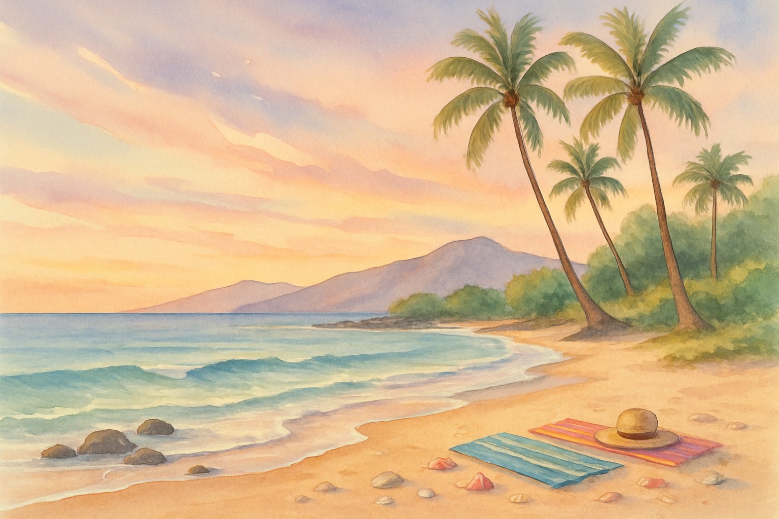 A calm beach scene with gentle waves, palm trees, sandy shore, and distant hills under a soft sunset sky.