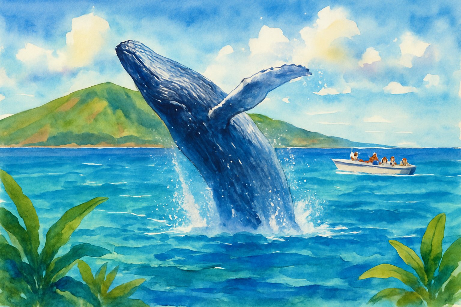 A humpback whale breaching near a tour boat off the coast of a lush green island surrounded by blue ocean and sky.
