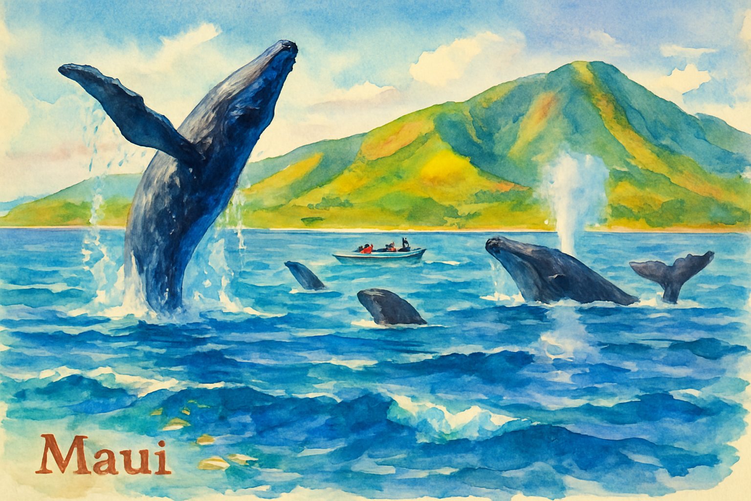 Ocean scene with humpback whales breaching near a green coastline and a small boat watching them.