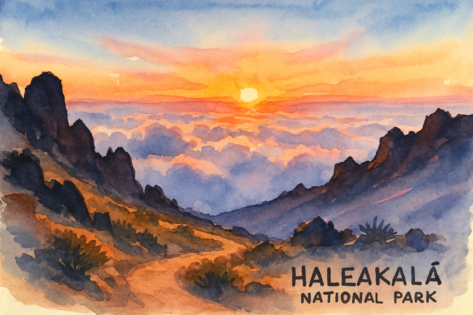 Sunrise over volcanic rocks and clouds at Haleakalā National Park with a hiking trail winding through the landscape.