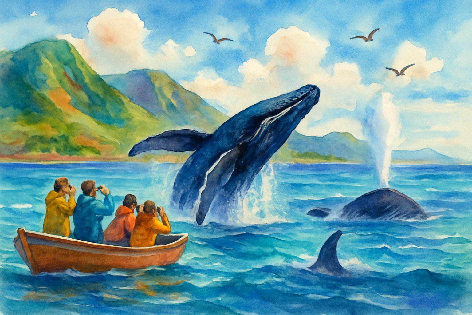 A boat with tourists watching humpback whales breaching near green cliffs under a blue sky.