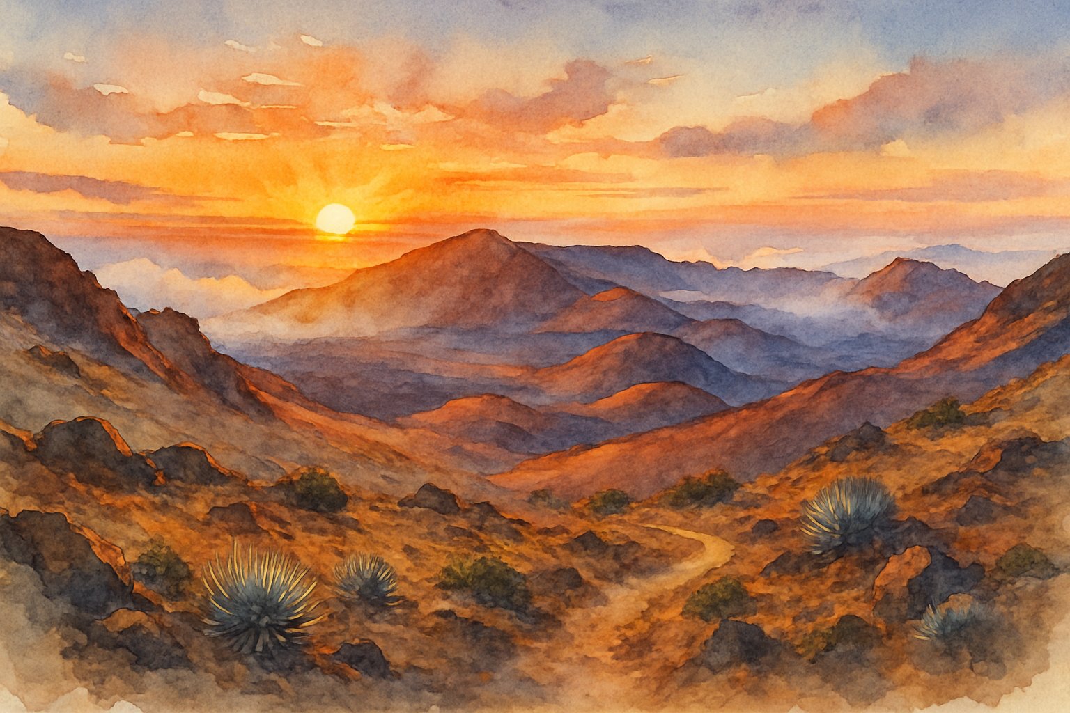 Sunrise over a volcanic landscape with rocky terrain, sparse plants, low clouds, and a winding hiking trail.