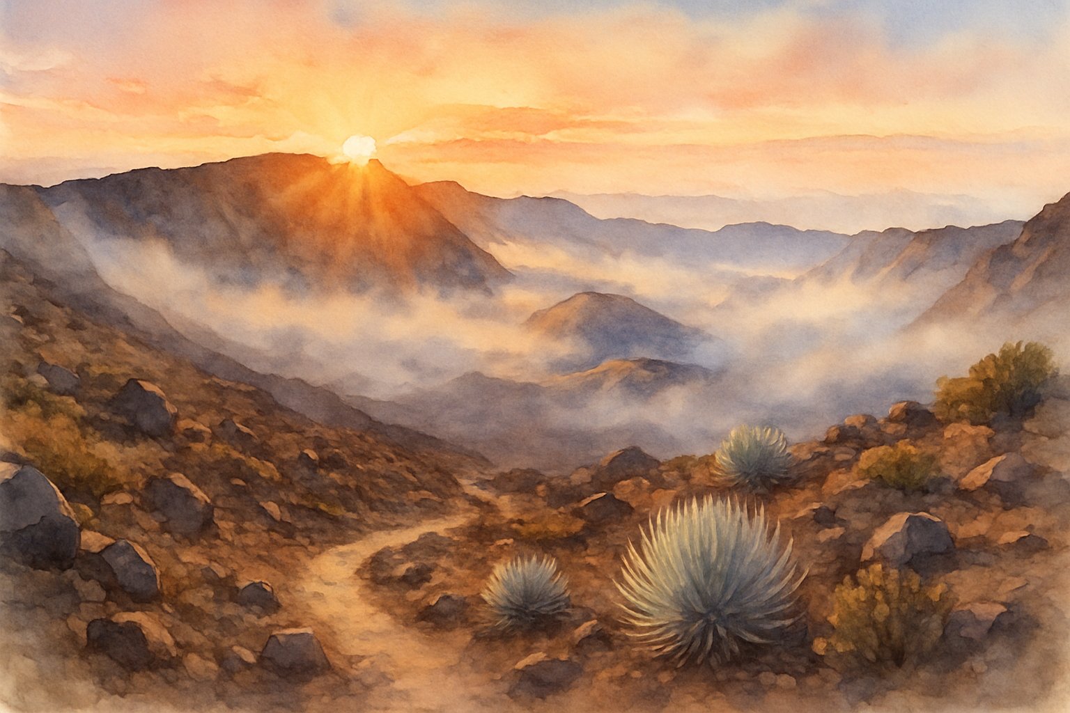 Sunrise over a volcanic crater with a winding hiking trail, rocky terrain, and native plants under a colorful sky.