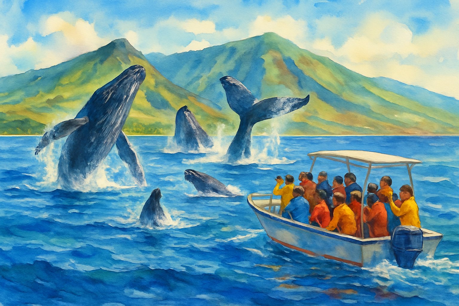 A boat with people watching humpback whales breaching near the coast with green mountains in the background.