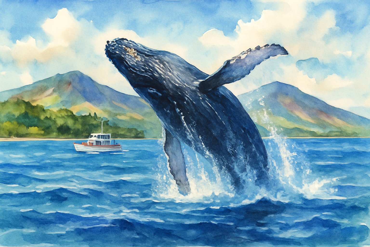 A humpback whale breaching near a tropical island with a tour boat watching from the ocean.