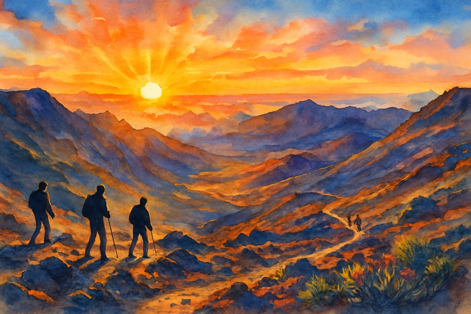 Sunrise over a volcanic crater with hikers walking along trails surrounded by rocky terrain and native plants.