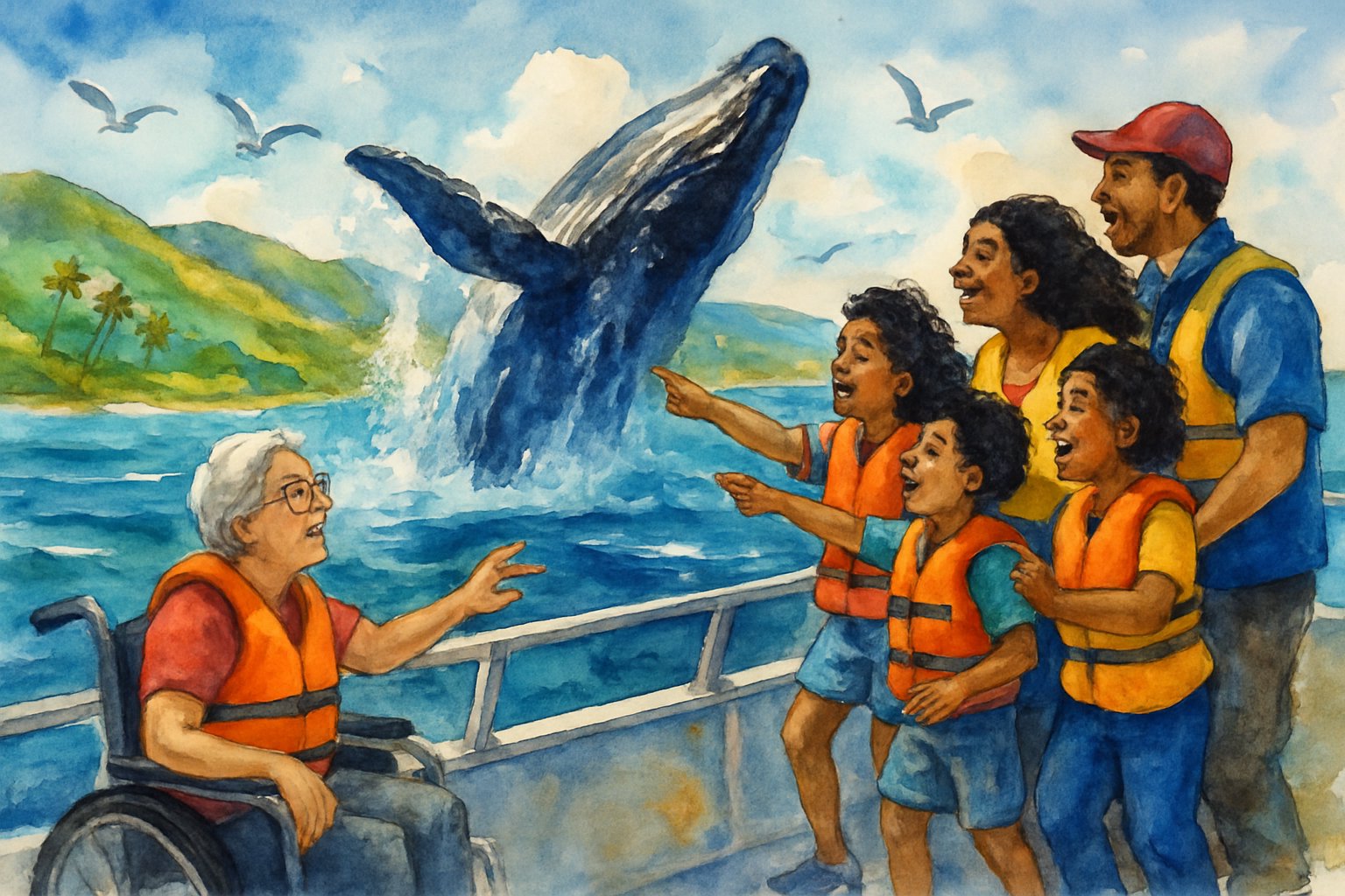 A family on a boat watching a humpback whale breaching near the coast of Maui, with an accessible tour guide assisting them.