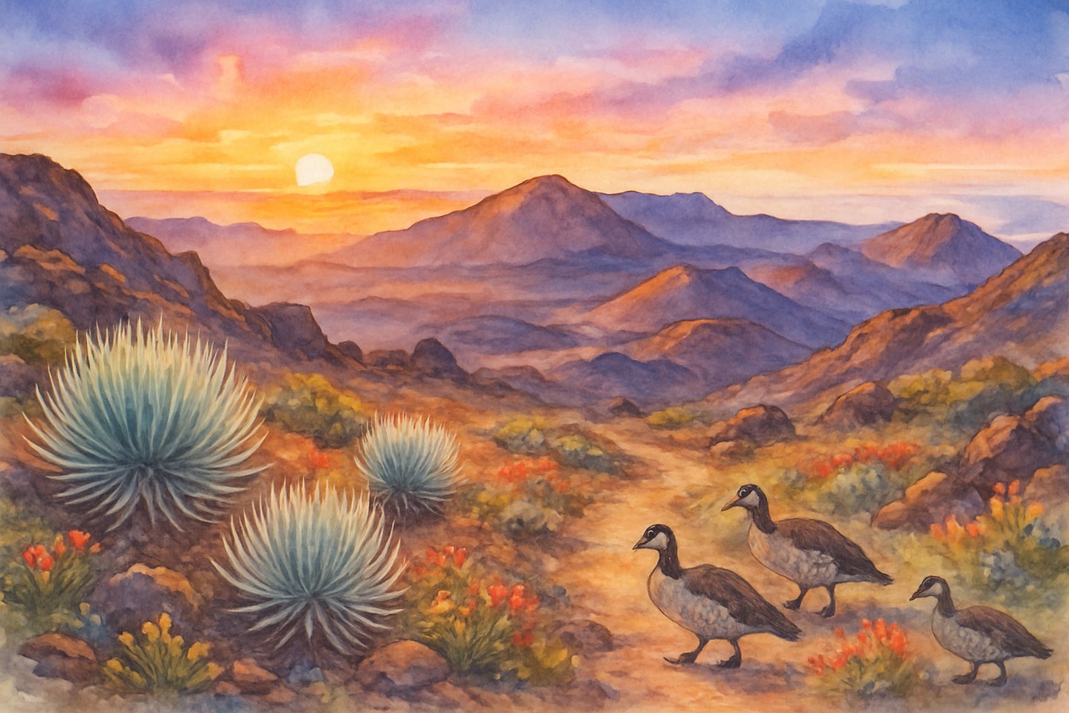 A sunrise view of Haleakalā National Park showing volcanic terrain, native plants including silversword, and a nēnē goose on a hiking trail.