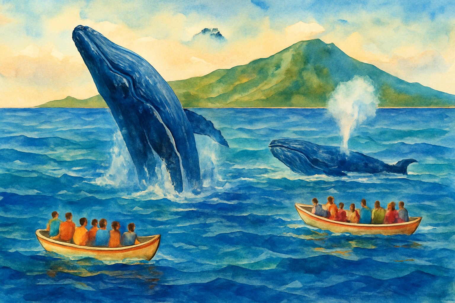 Whales breaching near boats in the ocean with a green volcanic island in the background under a clear sky.