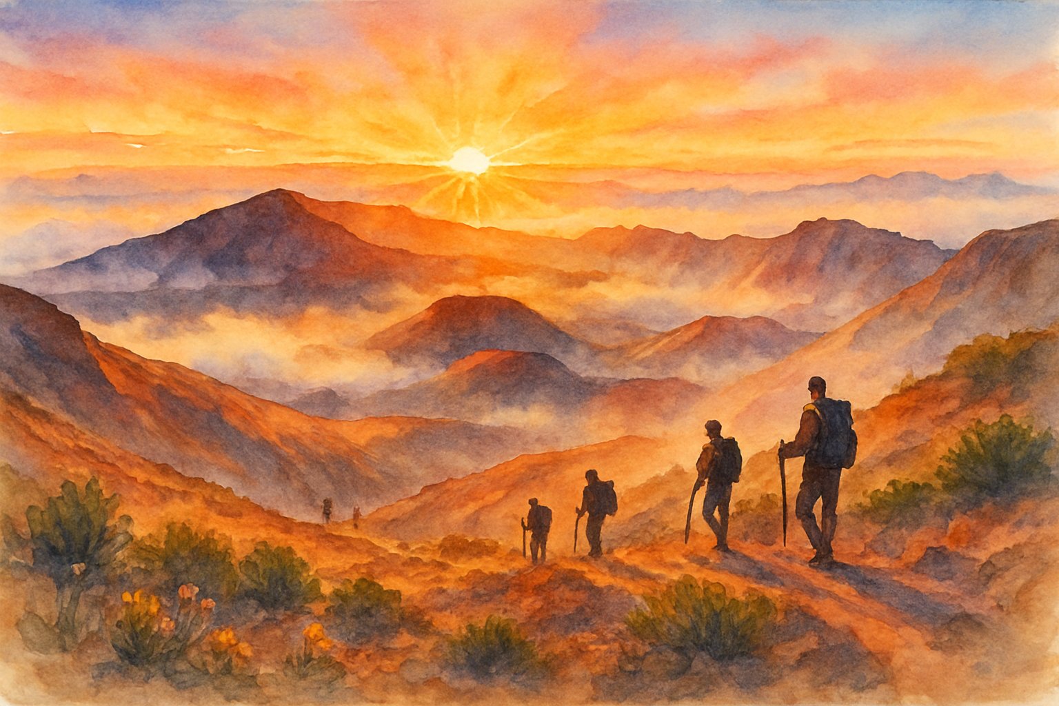 A sunrise over volcanic hills with hikers walking on trails surrounded by sparse vegetation and mist.
