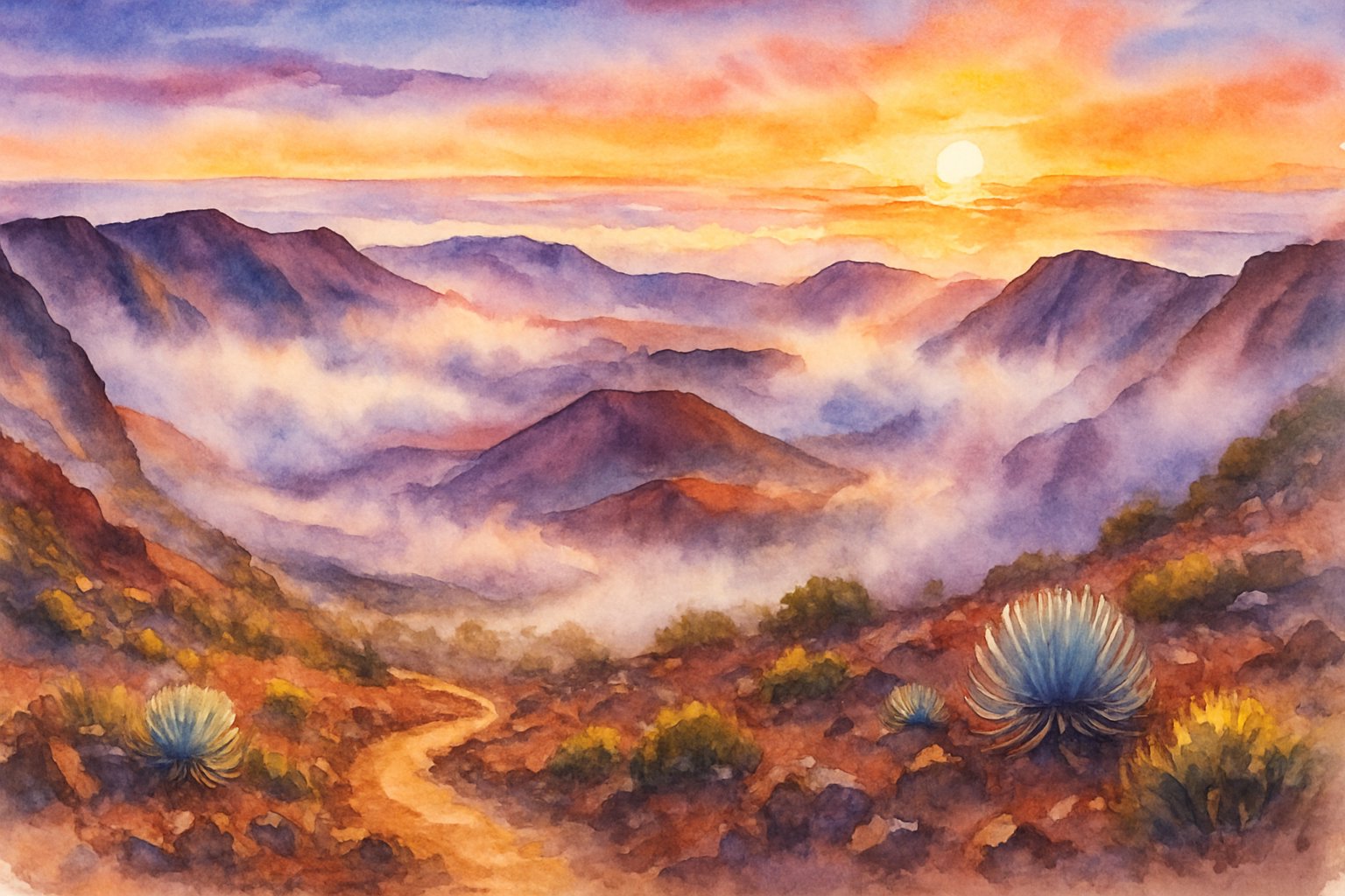 A sunrise view of a volcanic crater with a hiking trail winding through rocky terrain and sparse plants under a colorful sky.