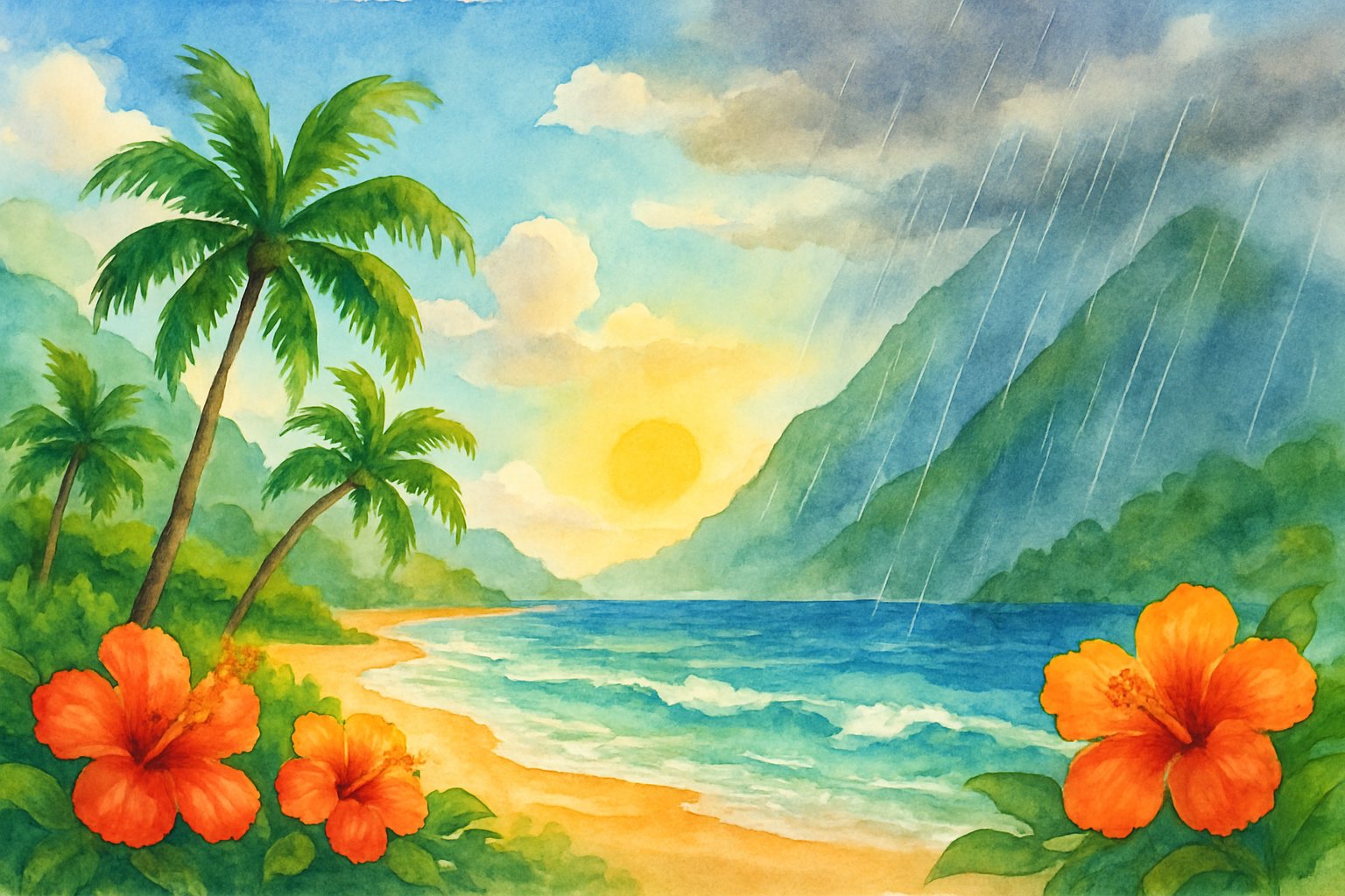 A tropical Hawaiian landscape showing a sunny beach with palm trees and ocean waves alongside misty mountains with rain showers.