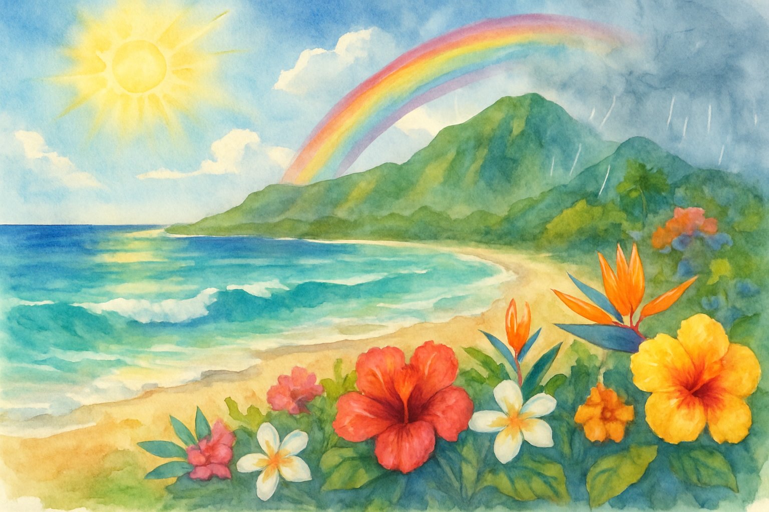 A tropical Hawaiian beach with clear blue water, colorful flowers, green mountains with light rain, and a rainbow in the sky.