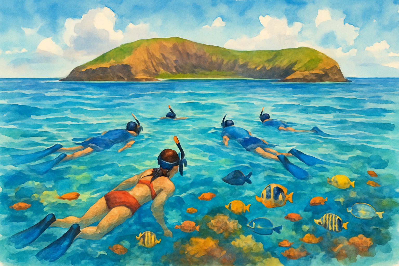 A group of snorkelers exploring clear blue waters with coral reefs and fish, surrounded by a crescent-shaped volcanic crater under a sunny sky.