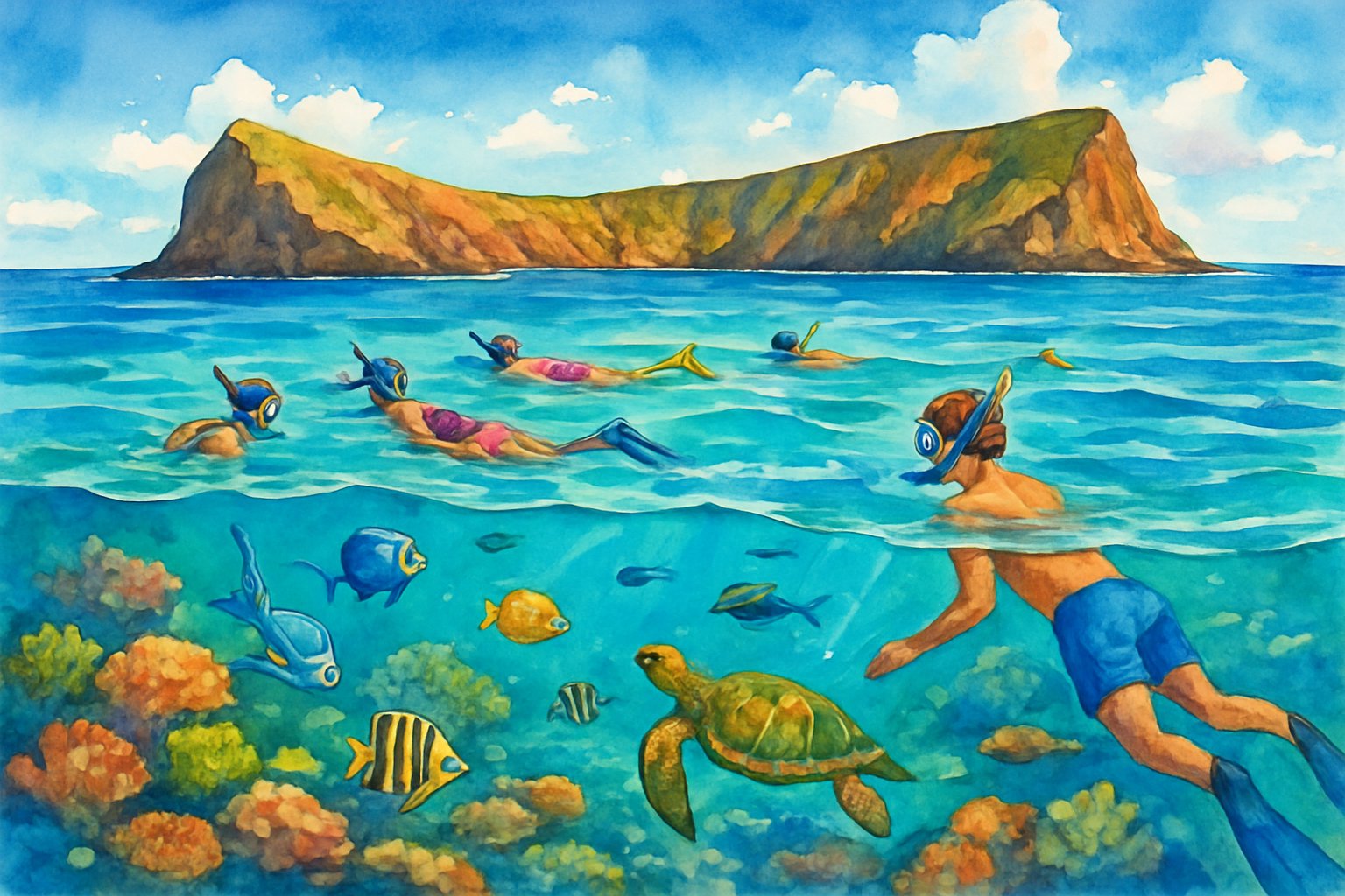 People snorkeling in clear blue water above colorful coral reefs and tropical fish near a crescent-shaped volcanic crater surrounded by greenery under a blue sky.